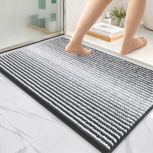 OLANLY Bathroom Rugs 36x24, Soft Chenille Striped Bath Rugs, Dark Grey