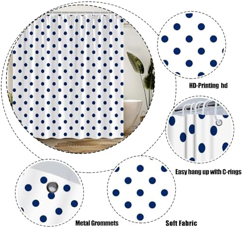 Polka Dot Shower Curtain Blue White Retro Spot Vintage Fabric Decorative Bathroom Curtains with Hooks,70" Wx84 H