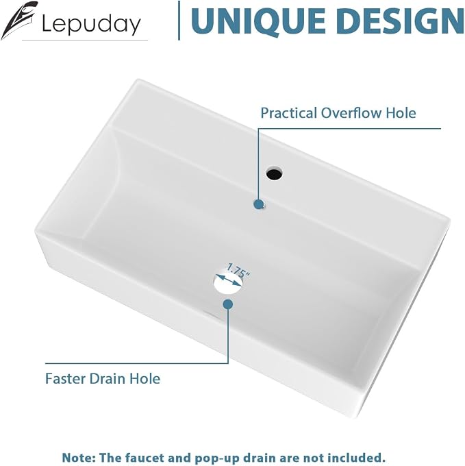 Wall Mounted Bathroom Sink Rectangle Vessel Sink 21" x 12" | Modern Bathroom Compliant Ceramic Bathroom Sinks Porcelain Wall Hung Sink Wash Hand Basin Vanity Sink for Lavatory Room