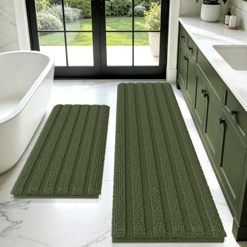 Christmas Striped Olive Green Bathroom Rug Mat Set 2 piece 32"x20"+60"x20" Ultra Soft, Non Slip Chenille Bath Rugs, Absorbent Plush Shaggy Bath Mats for Bathroom, Bedroom, Kitchen, Shower, Tub