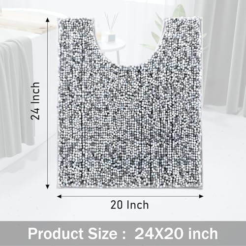 Yimobra Luxury Chenille U-Shaped Toilet Rug, Super Soft Shaggy Contour Bath Mat for Bathroom Floor, Fluffy, Water Absorbent, Non Slip, Machine Washable, Dry Quickly, 24''x 20'', Light Grey & Dark Grey