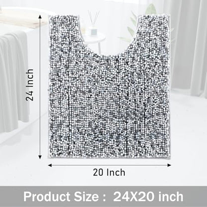 Yimobra Luxury Chenille U-Shaped Toilet Rug, Super Soft Shaggy Contour Bath Mat for Bathroom Floor, Fluffy, Water Absorbent, Non Slip, Machine Washable, Dry Quickly, 24''x 20'', Light Grey & Dark Grey