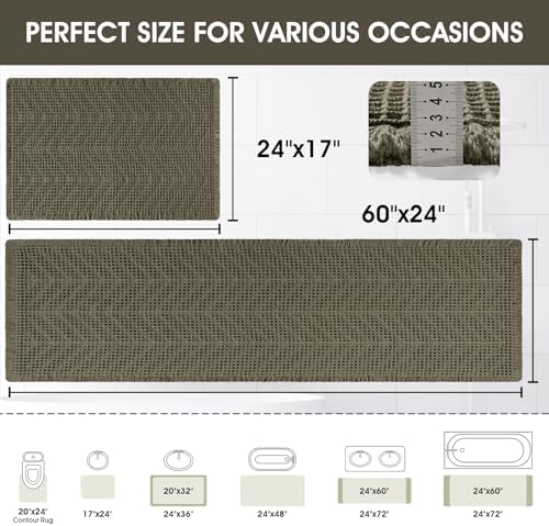 Upgraded Waffle Bath Mat Set 2 Piece Greyish Green-Herringbone, Super Absorbent Non-Slip Quick Dry Bathroom Rugs with Tassels,Machine Washable Ultra Soft Boho Bath Rugs, Bath Mats Boho Farmhouse Decor