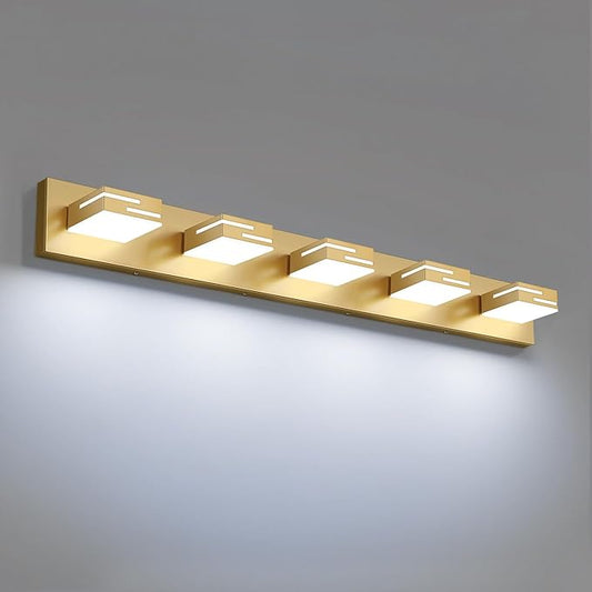 LED Modern Bathroom Vanity Light Fixtures, 5-Light 34-inch Dimmable Gold Vanity Lights for Bathroom Lighting Fixtures Over Mirror, with 350° Rotatable Heads (Cool White 6000K)