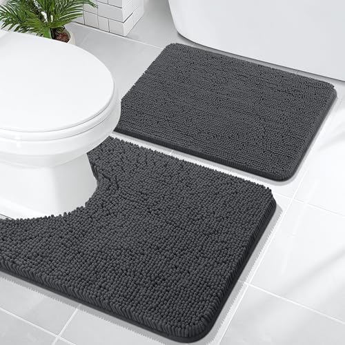 OLANLY Chenille Bathroom Rugs Mats Sets 2 Piece, 24"x16"+24"x20", Dark Grey
