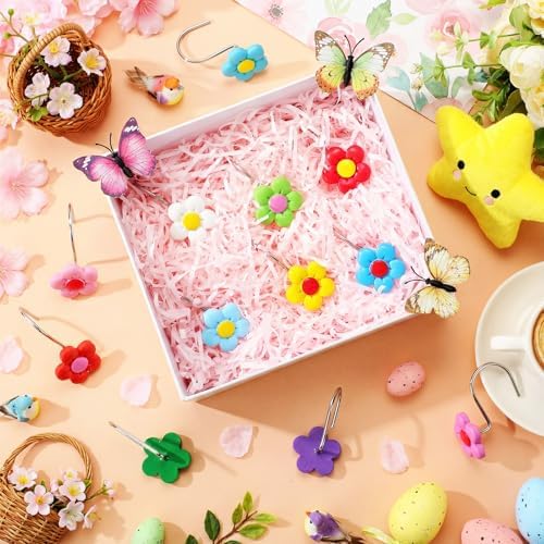 Thyle 12 Pcs Spring Floral Shower Curtain Hooks, Colorful Resin Ornament Rings Flower Shower Curtain Hooks for Bathroom Bedroom Accessories