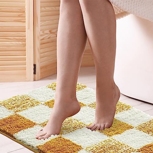 CozeCube Harvest Gold Checkered Bath Mat 32"x20" Non Slip Washable Rug