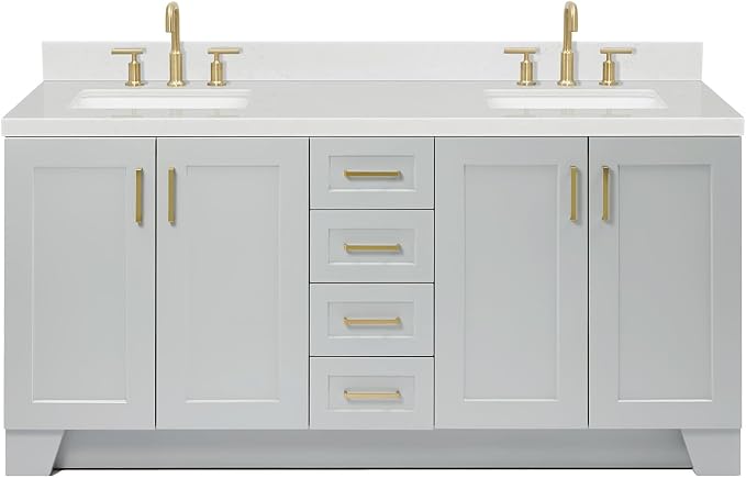 ARIEL Taylor 72-inch Bathroom Vanity with Sink,Solid Wood, 1.5-inch Carrara White Quartz Countertop & Backsplash, Double Rectangular Porcelain Sink, 4 Soft Closing Doors, 6 Dovetail Drawers, Grey