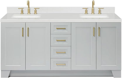 ARIEL Taylor 72-inch Bathroom Vanity with Sink,Solid Wood, 1.5-inch Carrara White Quartz Countertop & Backsplash, Double Rectangular Porcelain Sink, 4 Soft Closing Doors, 6 Dovetail Drawers, Grey