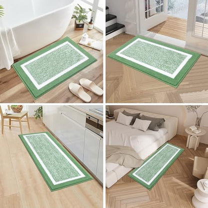 Pauwer Bathroom Rugs 3 Piece Set, Non Slip Washable Bath Mat, Green