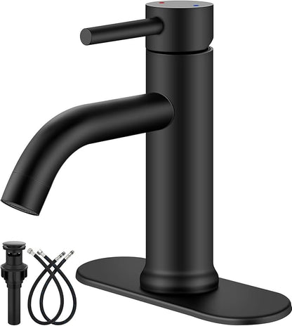 Aolemi Bathroom Faucet Single Hole,Single Handle Bathroom Sink Faucet with Supply Lines,with Pop Up Drain Assembly and Deck Plate,Matte Black