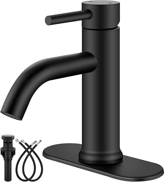 Aolemi Bathroom Faucet Single Hole,Single Handle Bathroom Sink Faucet with Supply Lines,with Pop Up Drain Assembly and Deck Plate,Matte Black