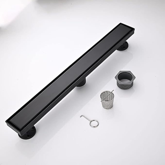 Linear Shower Floor Drain, Black 30 Inch 304 Stainless Steel Bathroom Drains Kit, Rectangular Shower Trench Drain with Reversable Tile-in Pattern Drain Cover & Hair Catcher