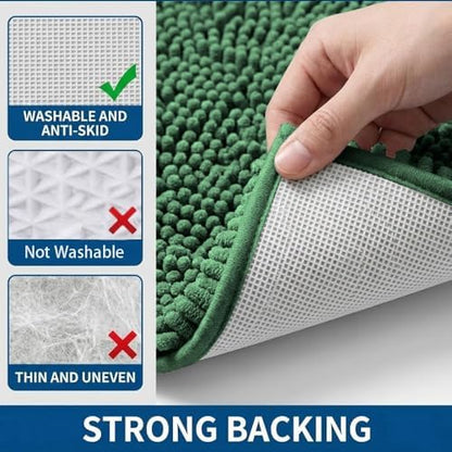Bathroom Rugs Sets 2 Piece,Super Absorbent Chenille Bath Mats and U-Shaped Toilet Rug,Strong PVC Non Slip Backing,Microfiber Washable Dry Quickly Bath Mats for Bathroom(20"x32"+20"x20"U, Dark Green)