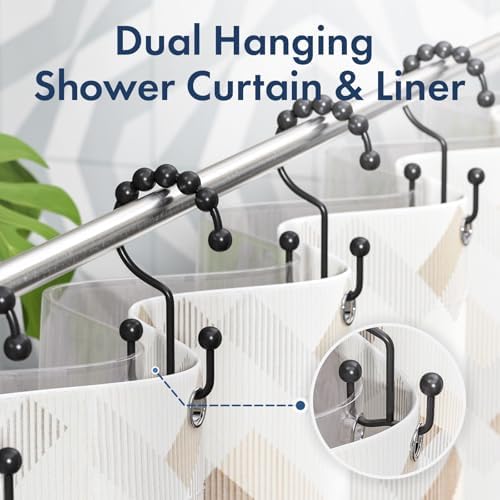 Bathway Shower Curtain Hooks Matte Black Shower Curtain Rings, 12 Pcs Double Hook Shower Curtain Hooks Rings Shower Curtain Hangers Rust Proof, Metal Shower Hooks for Bathroom Shower Curtain Rod