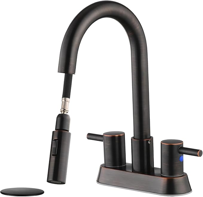 Oil Rubbed Bronze Bathroom Faucet with Pull Out Sprayer, Dual-Function Spout Bronze Bathroom Sink Faucets, 4 Inch Two Handle Utility Sink Faucet with Sprayer 3 Hole, Easy Pet Shower, RVs