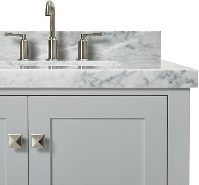 ARIEL Cambridge 42-inch Bathroom Vanity with Sink,Solid Wood, 1.5-inch Italian Carrara Marble Countertop, Single Rectangular Porcelain Sink, 2 Soft Closing Doors, 5 Dovetail Drawers, Grey