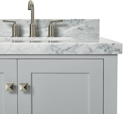 ARIEL Cambridge 42-inch Bathroom Vanity with Sink,Solid Wood, 1.5-inch Italian Carrara Marble Countertop, Single Rectangular Porcelain Sink, 2 Soft Closing Doors, 5 Dovetail Drawers, Grey