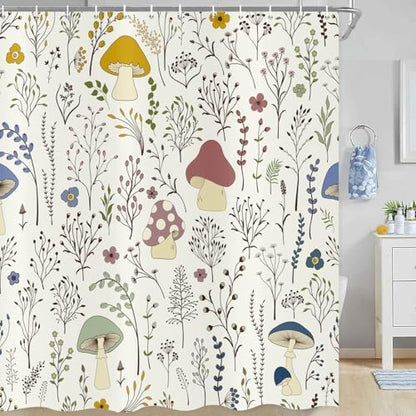 deFouliao Mushroom Shower Curtain, Boho Floral Waterproof Shower Curtain for Bathroom Bathtub Home Curtain Decor with Hooks, Machine Washable, 72''Wx84''L