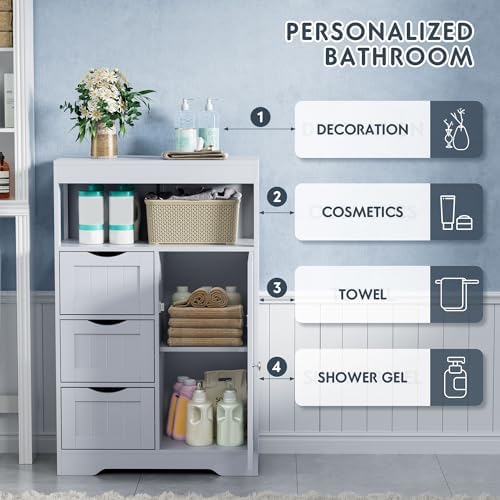 JUMMICO Bathroom Floor Cabinet, Wooden Free-Standing Storage Organizer with 1 Door and 3 Drawers, Bathroom Storage Cabinet for Living Room/Kitchen/Hallway/Home Office (Grey, 3 Drawers)