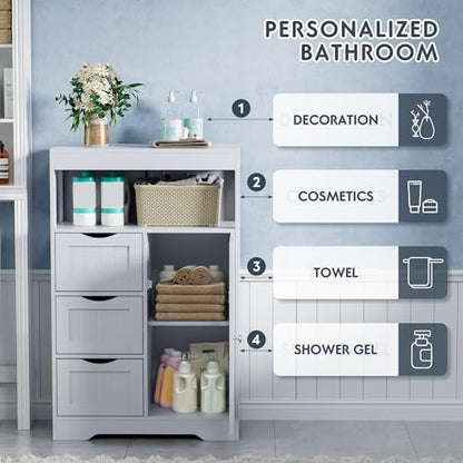 JUMMICO Bathroom Floor Cabinet, Wooden Free-Standing Storage Organizer with 1 Door and 3 Drawers, Bathroom Storage Cabinet for Living Room/Kitchen/Hallway/Home Office (Grey, 3 Drawers)
