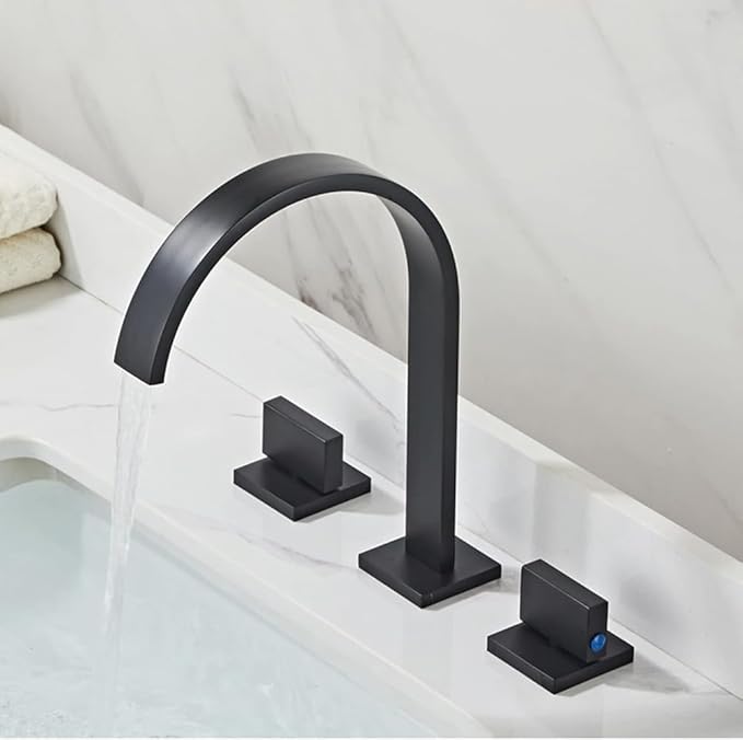 Modern Bathroom Sink FaucetDouble Handle Waterfall Design 3 Hole Full Copper Vanity Faucet for Stylish Bathroom Upgrade Durable & Easy to Install，Black