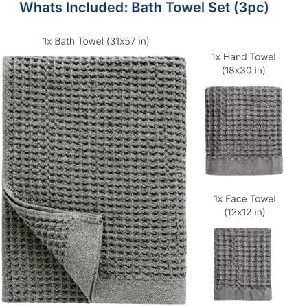 ONSEN Supima® Waffle Bath Towel Set, Quick Dry Lint Free 100% USA Cotton, Bath Hand and Face Towel Bundle, 3 Piece (Cinder Grey, Bath Towel Set)