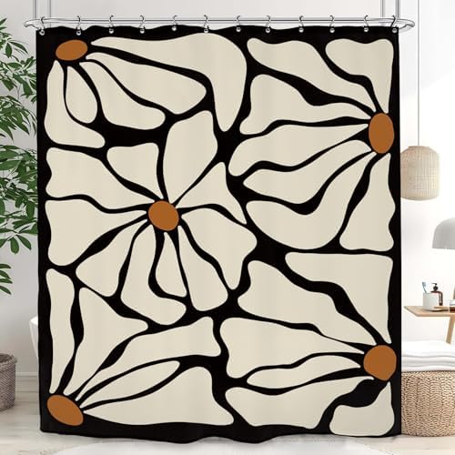 Matisse Flower Shower Curtain 60Wx72L Inch Abstract Retro Aesthetic Minimalist Modern Vintage Art 70s Modern Black Beige Bathroom Set Accessories Decor with 12 Pack Hooks