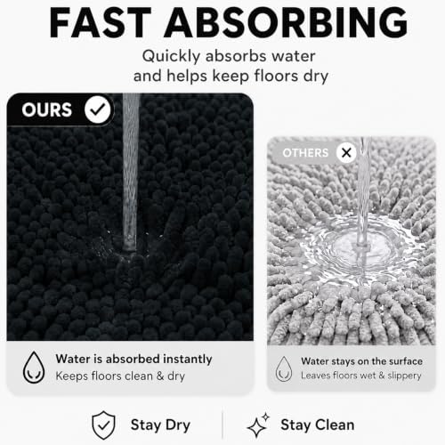Bathroom Rugs Sets 2 Piece,Super Absorbent Soft,Thick,Machine Washable Chenille Bath Mat,Non Slip Toilet Floor Rug,Bath Mats for Bathroom,20x32 Plus 20x20 U Shape,Black