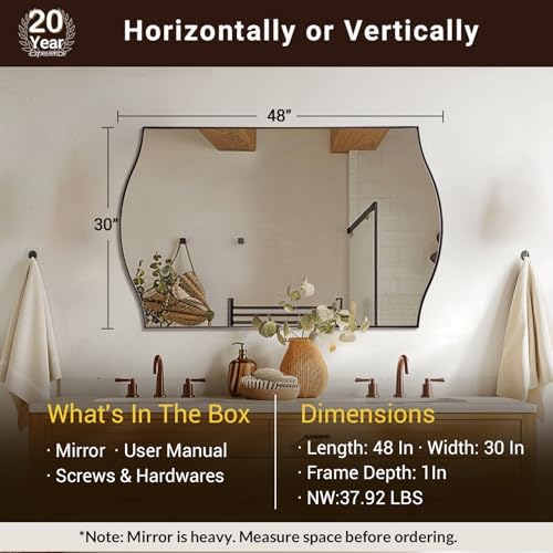 ANDY STAR 30"x48" Scalloped Mirror，Brushed Bronze Rectangle Bathroom Mirror with Curved Edge Stainless Steel Metal Frame, Large Wall-Mounted Mirror for Bathroom, Entryway (Horizontal/Vertical)