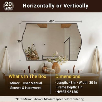 ANDY STAR 30"x48" Scalloped Mirror，Brushed Bronze Rectangle Bathroom Mirror with Curved Edge Stainless Steel Metal Frame, Large Wall-Mounted Mirror for Bathroom, Entryway (Horizontal/Vertical)