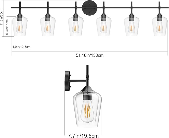 Ralbay Matte Black Bathroom Light fixtures 6-Lights Industrial Matte Black Finish with Clear Glass Vanity Lights Vintage Farmhouse Vanity Lighting for Bathroom