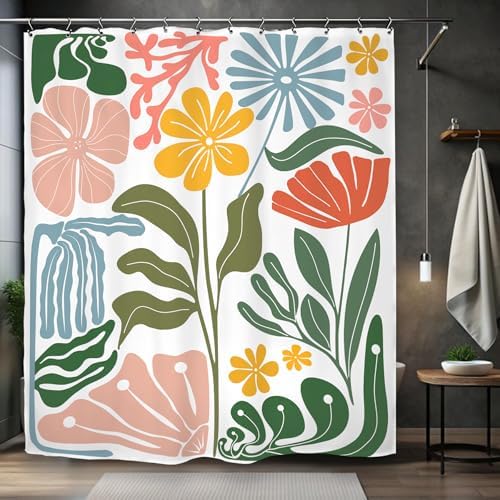Colorful Abstract Flower Shower Curtain 60Wx72L Inch Minimalist Contemporary Matisse Funky Groovy Art Aesthetic Spring Bathroom Set Accessories Decor with 12 Pack Hooks