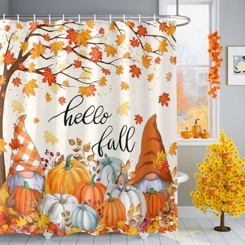 Shower Curtain Bathroom Set Autumn Gnome Orange Maple Tree Waterproof Shower Curtains with Grommets Hooks Thanksgiving Pumpkin Watercolor Privacy Bath Curtain for Bathtub Decor 48x72in