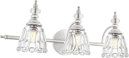 Brushed Nickel Vanity Light, Antique Bathroom Vanity Light Over Mirror, 3 Light Lighting Fixture with Flower Glass Shade, Farmhouse Sconces Wall Lighting for Hallway Living Room Bedroom