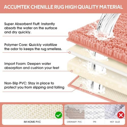 ACCUMTEK Upgrade Extra Large Coral Bathroom Rug Set 3 Pieces Ultra Soft, Thick Absorbent Bath Mats, Non Slip Chenille Toilet Mat for Bathroom, Bedroom, Kitchen