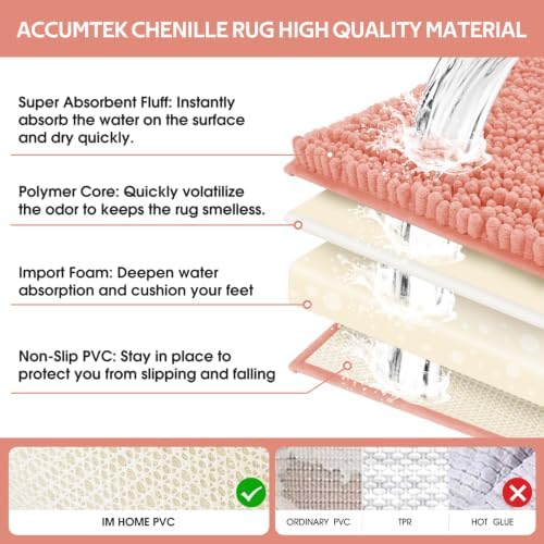 ACCUMTEK Upgrade Luxury 2 Piece Coral Toilet Bathroom Rug Mat 60"x20"+32"x20", Ultra Soft Thick Absorbent Bath Mats, Non Slip Chenille Toilet Mat for Bathroom, Bedroom, Kitchen, Shower, Tub