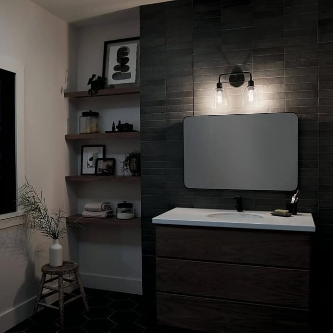 Kichler Meller 15 Inch 2 Light Vanity Light with Clear Glass in Black