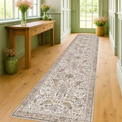 Moss Green 3x12 Wide Hallway Runner Rug, Vintage Brown Taupe Floral Design Carpet for Kitchen, Washable Extra Long Runner Rugs for Entrance Floor, Low Pile & Stain Resistant