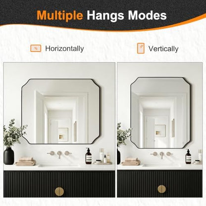 Delma Bathroom Vanity Mirror, Black Framed Aluminum Bathroom Mirror for Over Sink, Scalloped Round Corner Wall Mirror, High-Definition Vanity Mirror, Hangs Horizontally or Vertically (36x30,Black)