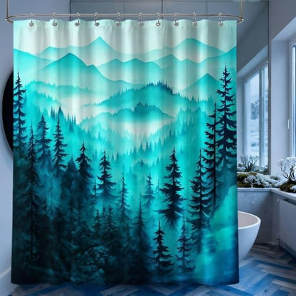 Dark Teal Forest Shower Curtain, 60X72 in, Mountain Rustic Pine Tree