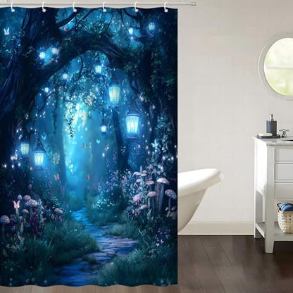 Fantasy Forest Path Shower Curtain Blue Fairy Magical Enchanted Misty Jungle Mushroom Floral Tree Butterfly Lantern Wonderland Bath Curtain Fabric Bathroom Accessories Decor with Hooks 47W x63L