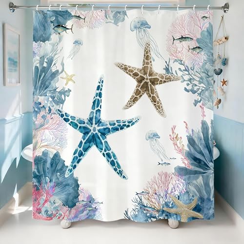 Colorful Beach Shower Curtain for Bathroom, Ocean Coastal Theme, 72x72 In