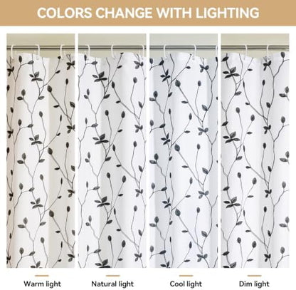 Embroidered Leaf Farmhouse Shower Curtain,Faux Linen,72Wx72L,White Black
