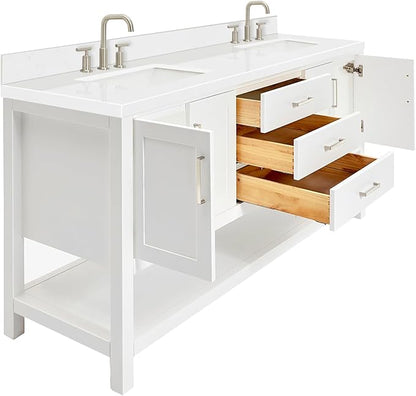 DKB Olivia 72-Inch White Double Bathroom Vanity, 1.5-Inch Carrara Quartz Countertop & Backsplash, Rectangular Undermount Sinks, 4 Soft Closing Doors, 3 Dovetail Drawers, Open Shelf, Brushed Nickel