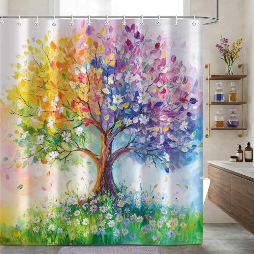 Watercolor Oil Painting Tree Shower Curtains, Colored Seasons Trees Floral Fabric Shower Curtain Set Colorful Abstract Aesthetic Bath Curtain for Bathroom Decor Waterproof Cloth with Hooks 72X84 Inch
