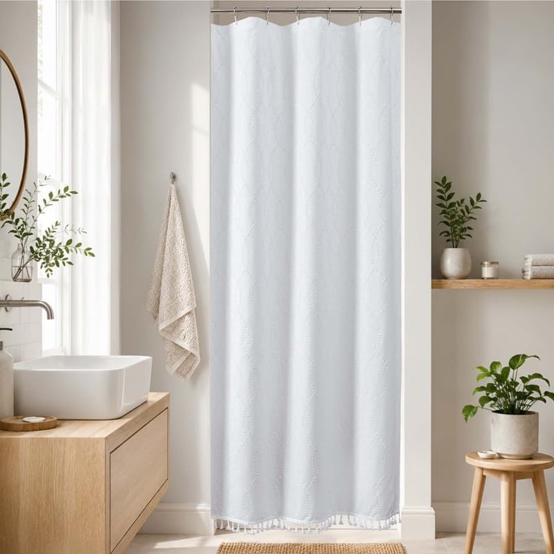 OVZME White Stall Shower Curtain for Bathroom, Puff Printed Textured Shower Curtain with Tassels, Geometry Heavy Duty Vintage Country Narrow Bathroom Curtain, Water Resistant Fabric, 36Wx72L