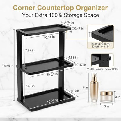 PEKER Bamboo Bathroom Organizer Countertop – Vanity Storage Shelf for Makeup, Perfume, Skincare – Natural Cosmetics Display Rack for Dresser, Sink, Kitchen – Black
