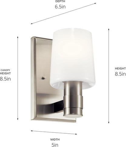 Kichler Adani 1-Light Wall Sconce, Modern Light with Opal Glass in Brushed Nickel, for Bathroom, Powder Room, Kitchen, Bedroom, or Hallway (8.5" x 5"), 55174NI
