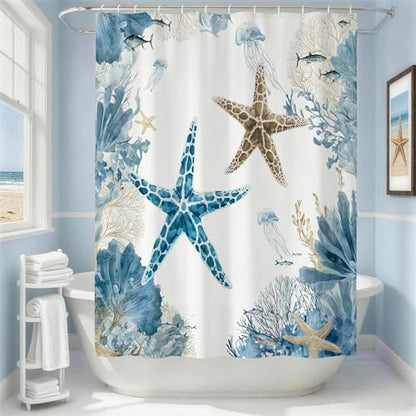Blue Beach Shower Curtain for Bathroom, Ocean Coastal Theme, 72x84 In